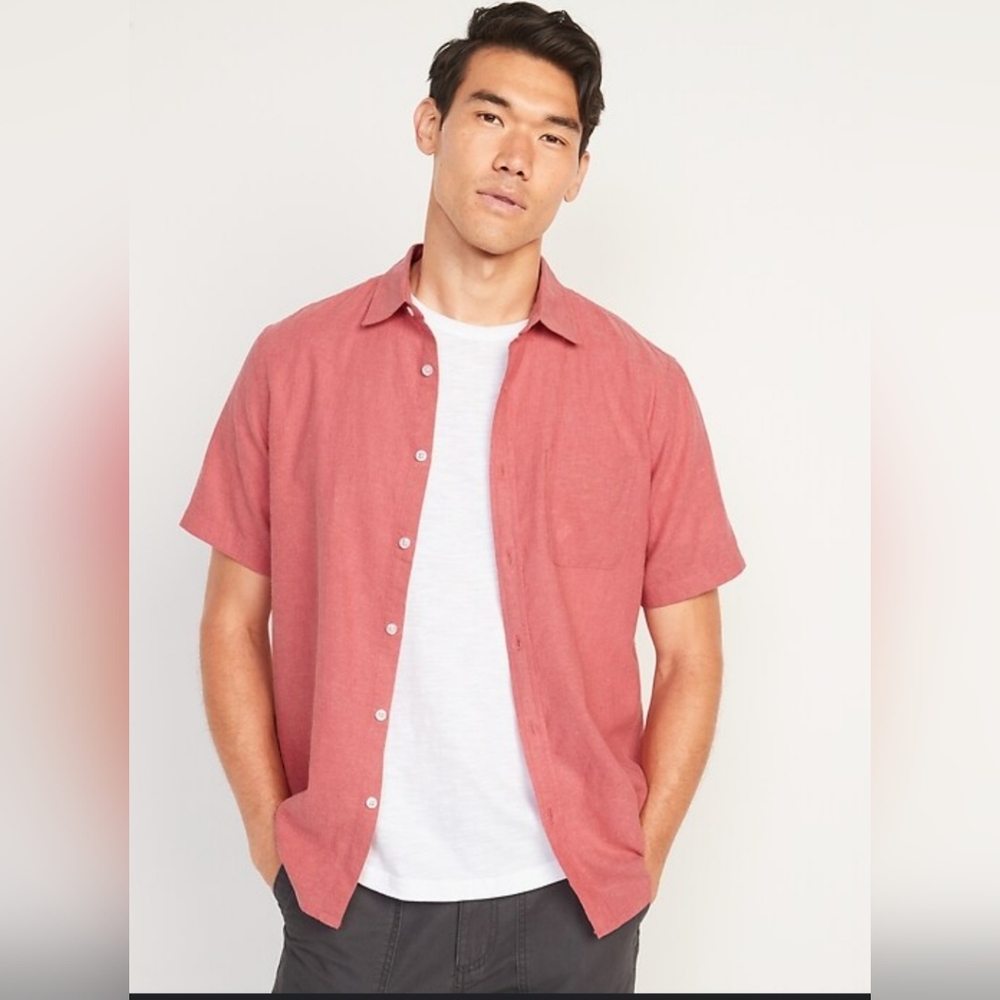 OLD NAVY LINEN BLEND SALMON SHORT SLEEVE SHIRT SIZE LARGE
